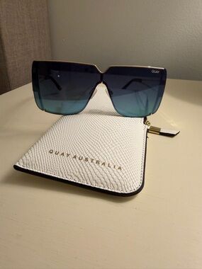 Quay Australia Teal to Navy Gradient Shield Sunglasses with Gold Accent